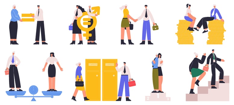 Business man and woman gender equality, equal career opportunities. Work gender equality, male and female equal rights illustration set. Society gender equality vector