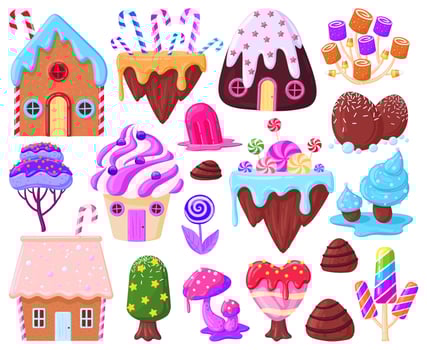 Cartoon sweet fantasy gingerbread houses and caramel trees. Fairy tale sweet candy land elements, biscuit houses, lollipop plants illustration set. Candy land elements vector