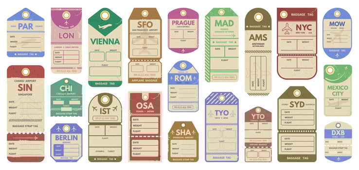 Retro travel luggage tags, airport flight stamps. Vintage luggage travel tags, rome, shanghai and madrid tour trip luggage tickets illustration set. Old baggage tags vector