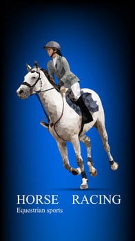 Graphics design drawing polygon style horse racing woman for the race with blue gradient background vector