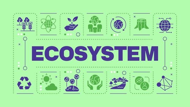 Ecosystem light green word concept. Ecological system of living organisms. Nature protection. Visual communication. Artwith lettering text, editable glyph icons vector