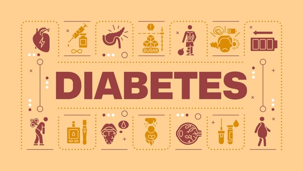 Diabetes peach word concept. Chronic illness. Symptoms and treatment. Blood glucose levels. Visual communication. Artwith lettering text, editable glyph icons vector