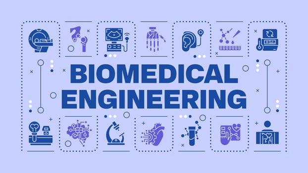 Biomedical engineering light purple word concept. Medical technologies. Biotechnology. Visual communication. Artwith lettering text, editable glyph icons vector