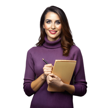 Smiling woman holding notepad and pen on transparent background png