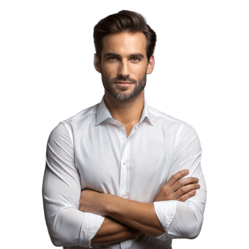 Confident man in white shirt with arms crossed, transparent background png