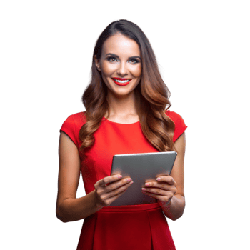 Smiling woman holding a tablet on transparent background png