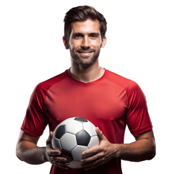 Smiling soccer player holding a soccer ball on transparent background png
