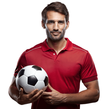 Soccer player in red shirt holding a soccer ball on transparent background png