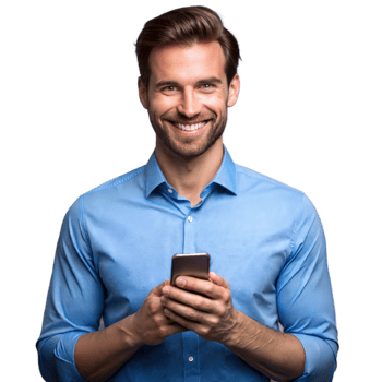Smiling man holding smartphone on transparent background png
