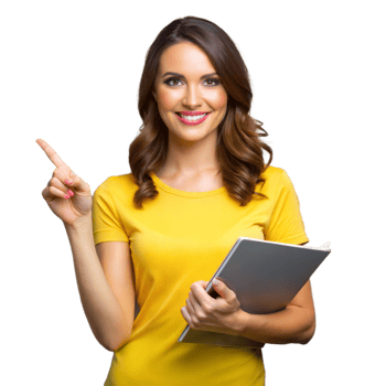 Smiling woman in yellow pointing up holding tablet on transparent background png
