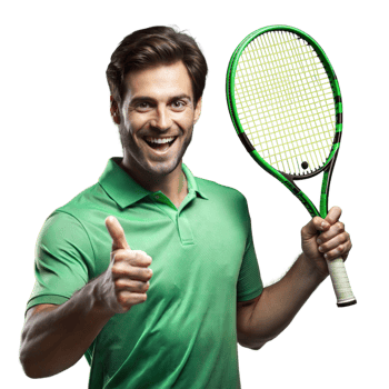 Happy tennis player giving thumbs up holding racket on transparent background png