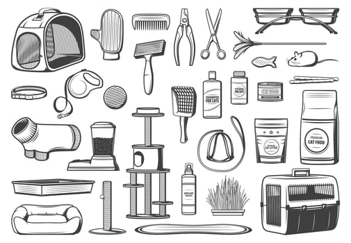 Pet care supplies for cats isolated icons vector