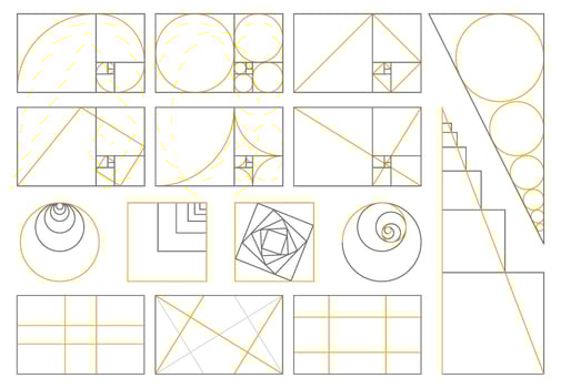 Golden ratio, divine proportions, golden fibonacci numbers spiral. Golden proportion fibonacci array illustration set. Sacred geometry proportion signs vector