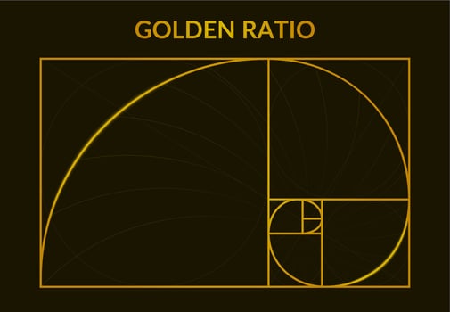 Golden fibonacci number, golden section, spiral proportion poster. Fibonacci perfect proportion golden ratio background illustration. Golden ratio sign vector