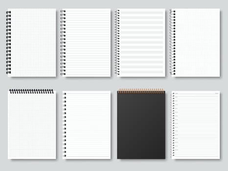 Realistic notepapers, spiral binding notebook, sketchbook or calendar. Open and closed diary, organiser or copybook illustration set. Blank notebook mockups vector
