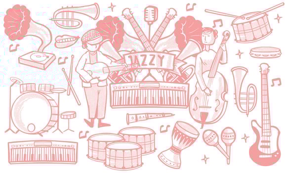 hand drawn set of jazz music doodle set. music instruments in doodle isolated on white background. vector