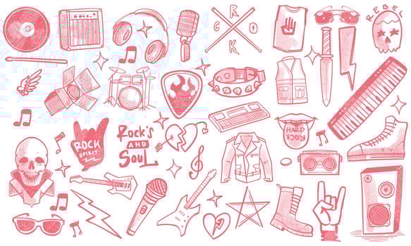Hand drawn set of rock music doodle music instruments in doodle style isolated on white background. vector