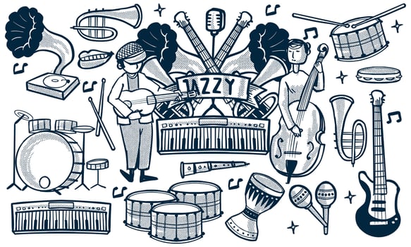 hand drawn set of jazz music doodle set. music instruments in doodle isolated on white background. vector