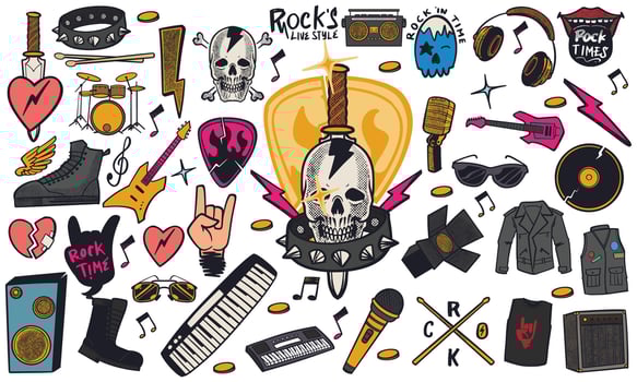 Hand drawn set of rock music doodle music instruments in doodle style isolated on white background. vector
