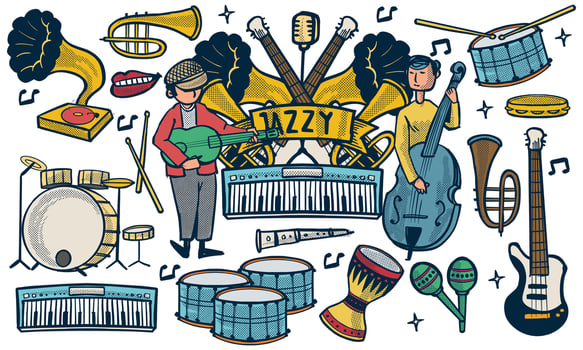 hand drawn set of jazz music doodle set. music instruments in doodle isolated on white background. vector