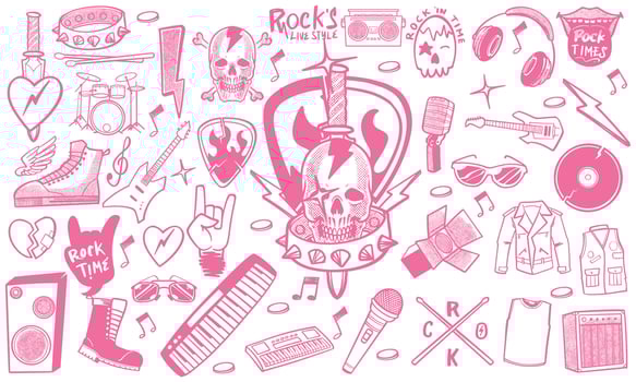 Hand drawn set of rock music doodle music instruments in doodle style isolated on white background. vector