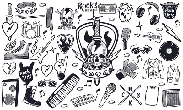 Hand drawn set of rock music doodle music instruments in doodle style isolated on white background. vector