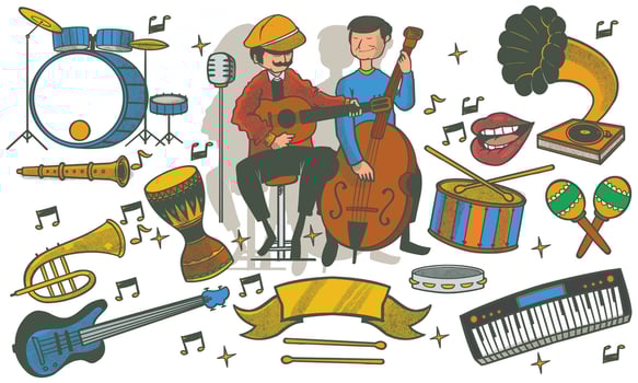 hand drawn set of jazz music doodle set. music instruments in doodle isolated on white background. vector