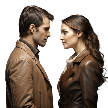 Couple in leather jackets facing each other on transparent background png