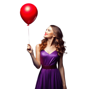 Elegant woman holding red balloon with smile on transparent background png