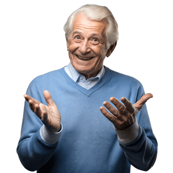 Elderly man in blue sweater gesturing and smiling png