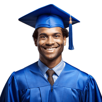 Happy young graduate in blue cap and gown on transparent background png