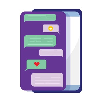 Smartphone screen displaying a series of colourful chat bubbles, including green, purple, and red messages. Online chatting, internet, online communication, social media concept vector