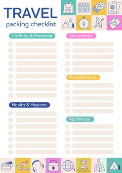 Travel packing checklist, travel planner printable template. Packing must haves for traveling, trip, cruise, summer beach vacation, road trip, camping. Organizer, to do list. Preparing for journey. vector