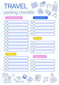Travel checklist printable template. Vacation Checklist. Travel essentials list. Packing checklist for traveling. Organizer for trip, cruise, summer vacation, road trip, camping. Vacation must haves. vector