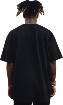 Model Wearing black oversized T shirt posing his back png