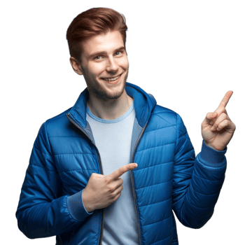 Smiling man pointing sideways in blue jacket on transparent background png