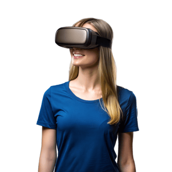 Smiling woman experiencing virtual reality with VR headset png
