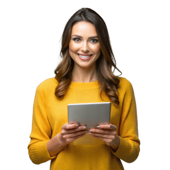 Smiling woman in yellow sweater holding tablet on transparent background png