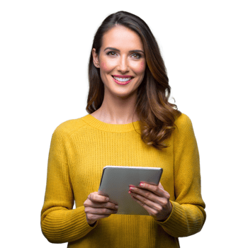 Smiling woman in yellow sweater holding a tablet on a transparent background png