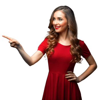 Smiling woman in red dress pointing on transparent background png