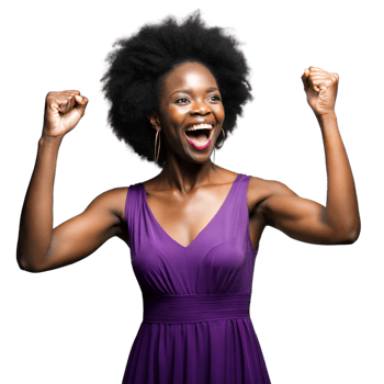 Joyful woman celebrating with arms raised on transparent background png