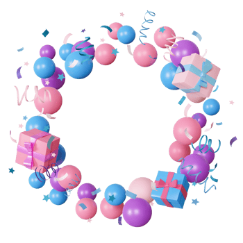 Pastel colored round frame made of colorful balloons, presents, ribbons, confetti, on transparent background. Ideal for kids birthday cards, children party invitations. Copy space in the middle. 3D png