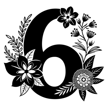 black graphic number 6 decorated with flowers png