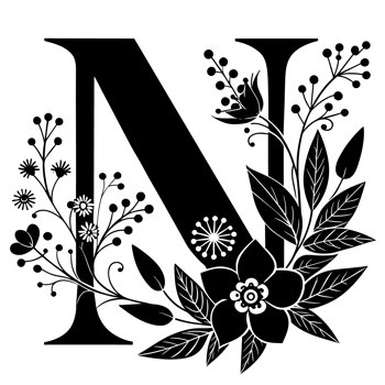 black graphic letter n decorated with flowers png