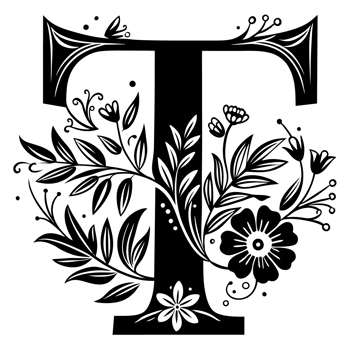 black graphic letter t decorated with flowers png