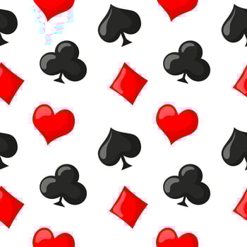 Seamless pattern, icons of suits of clubs, hearts, diamonds and spades on a white background. Casino background vector