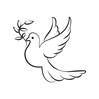 Line art, dove with branch, bird of peace. Black and white illustration, sketch, icon vector