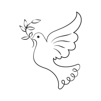 Line art, dove with branch, bird of peace. Black and white illustration, sketch, icon vector