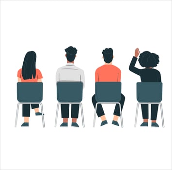 four students sit on chairs, from the back. vector