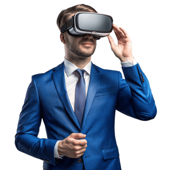 Businessman experiencing virtual reality with VR headset png